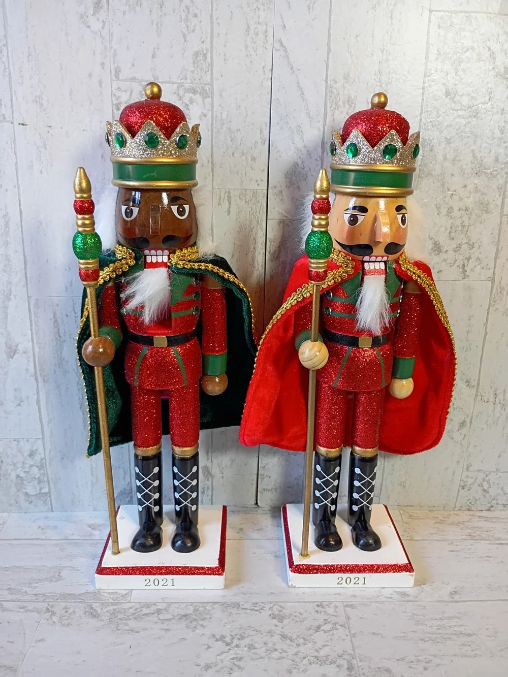 Set Of Two Target Red and Green Glitter Nutcracker Kings with Gold Crowns